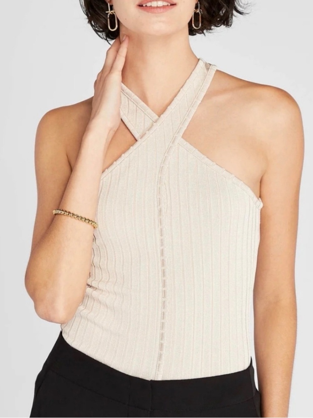Club Monaco Cream Ribbed Cross-Neck Camisole